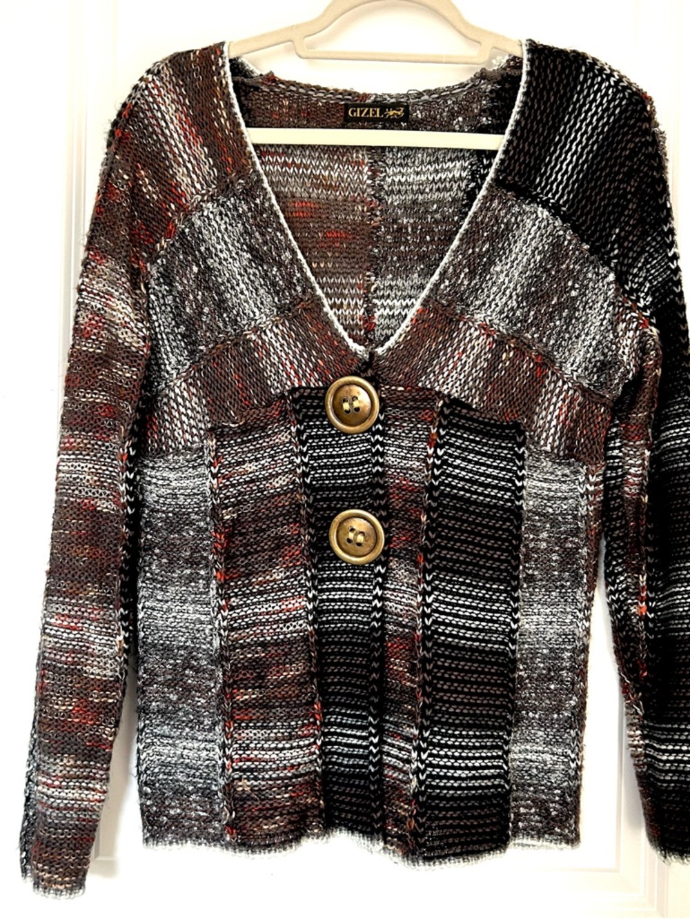 VTG Gizel Y2K Women L/XL  Cardigan Brown  Boho Festival Brass Buttons Frayed